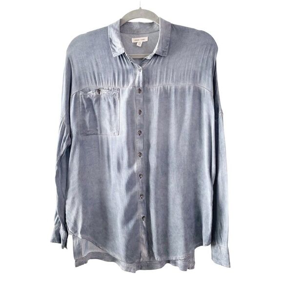 silence + noise Acid Wash Blue Long Dolman Sleeve Button Front Slouchy Top XS - Picture 1 of 10